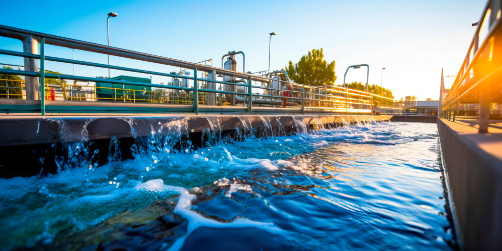 Industrial wastewater treatment plant purifying water before it is discharged.