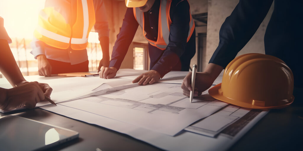 Businessmen are planning budgets for construction projects, analyzing company financial statements, managing global construction project costs.