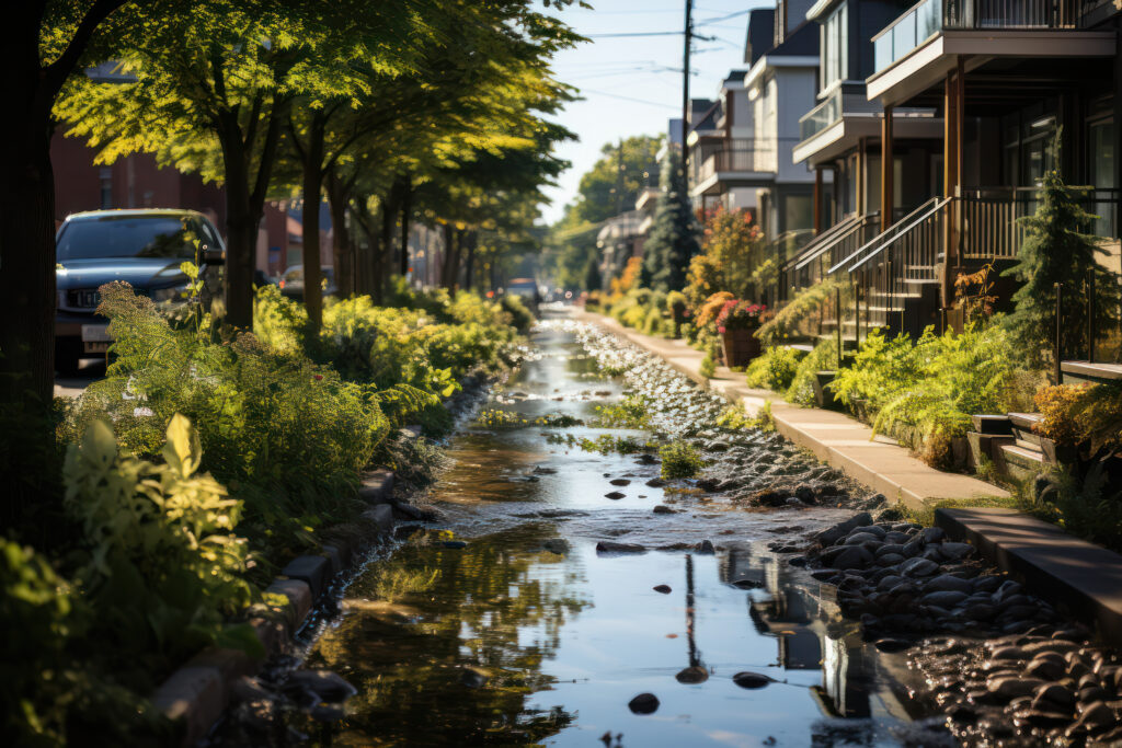 Green Infrastructure. Rain gardens and permeable pavements managing stormwater runoff, illustrating sustainable urban planning for a resilient climate. Generative Ai.