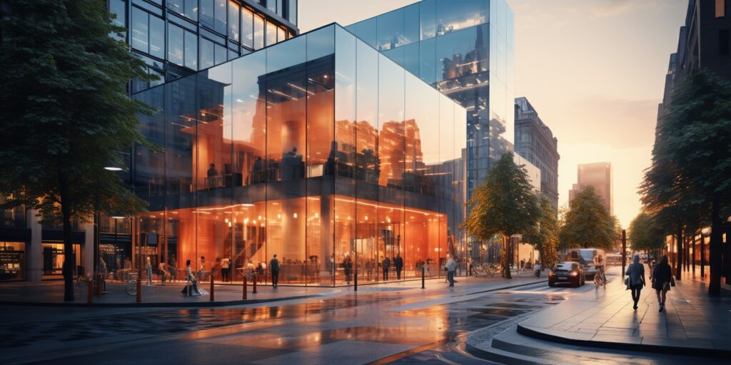 Modern glass building on the city street at sunset