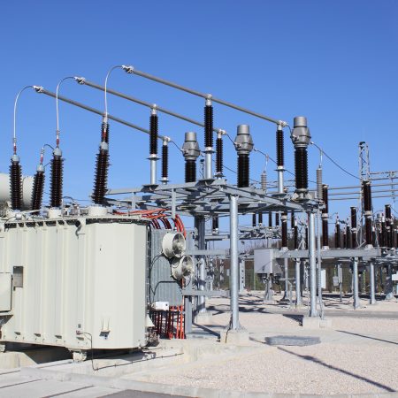 Electrical power transformer in high voltage substation.