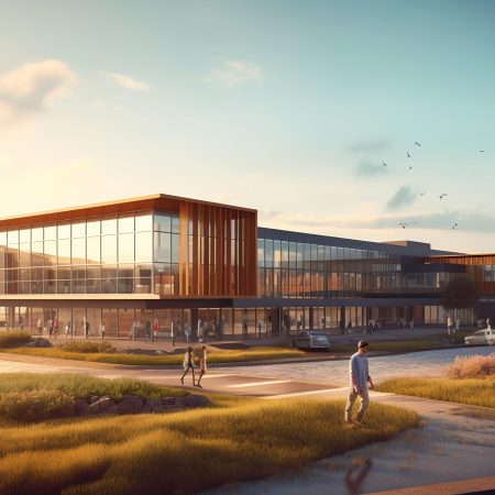 School building exterior, generative ai