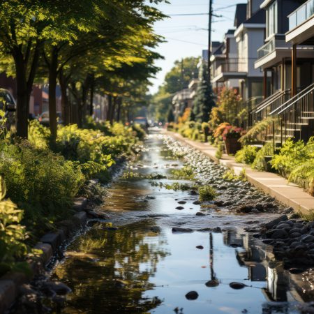 Green Infrastructure. Rain gardens and permeable pavements managing stormwater runoff, illustrating sustainable urban planning for a resilient climate. Generative Ai.
