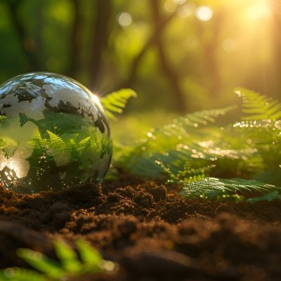 crystal earth on soil in forest with ferns and sunlight environment save clean planet ecology concept earth day banner with copy space, generative ai crystal earth on soil in forest with ferns and sunlight environment save clean planet ecology concept earth day banner with copy space, generative ai